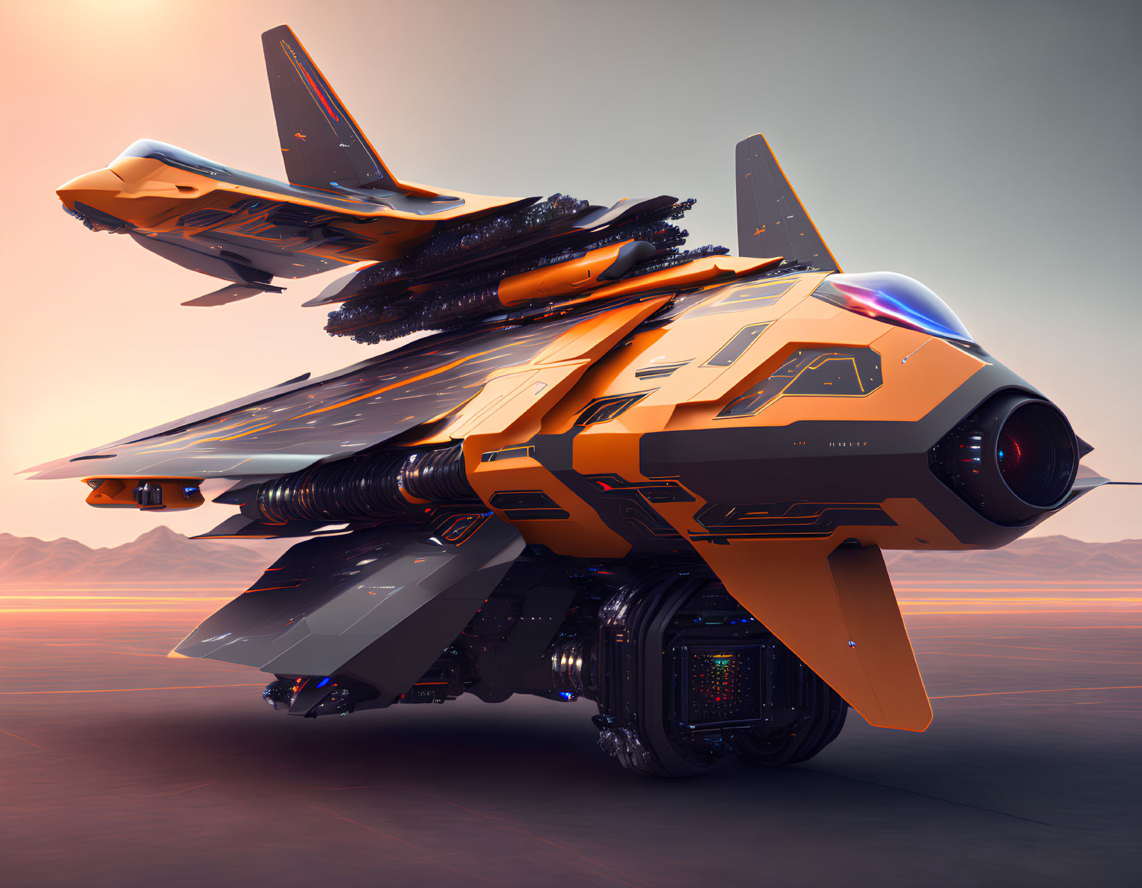 Sleek orange and gray spacecraft on desert terrain at dusk