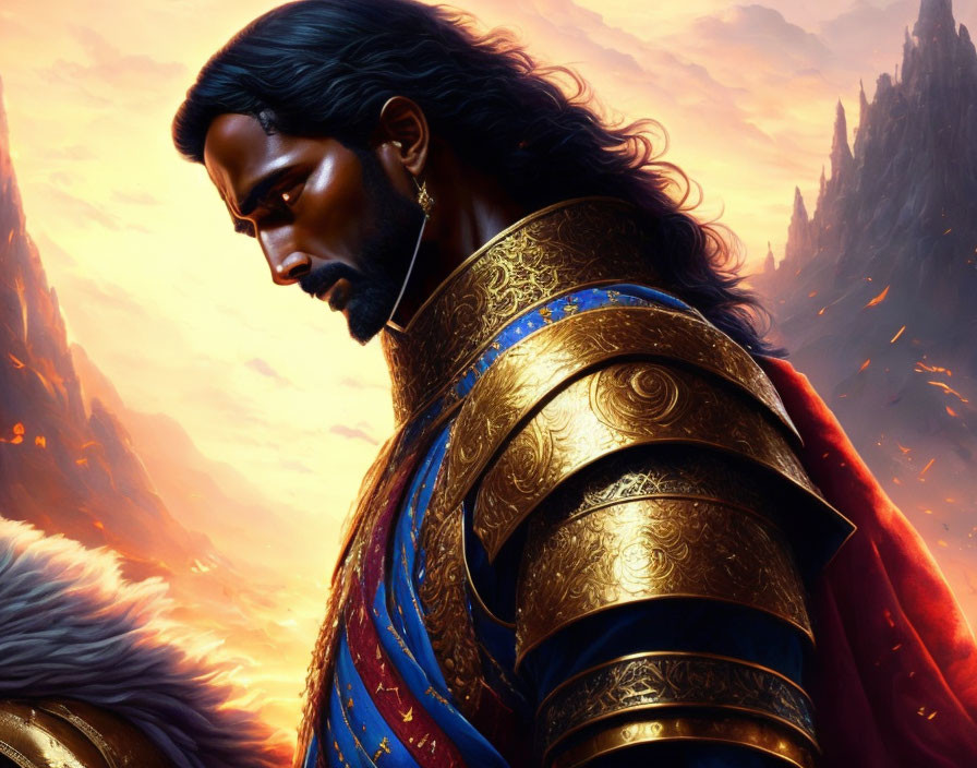 Majestic warrior in golden armor and blue cape on fiery landscape