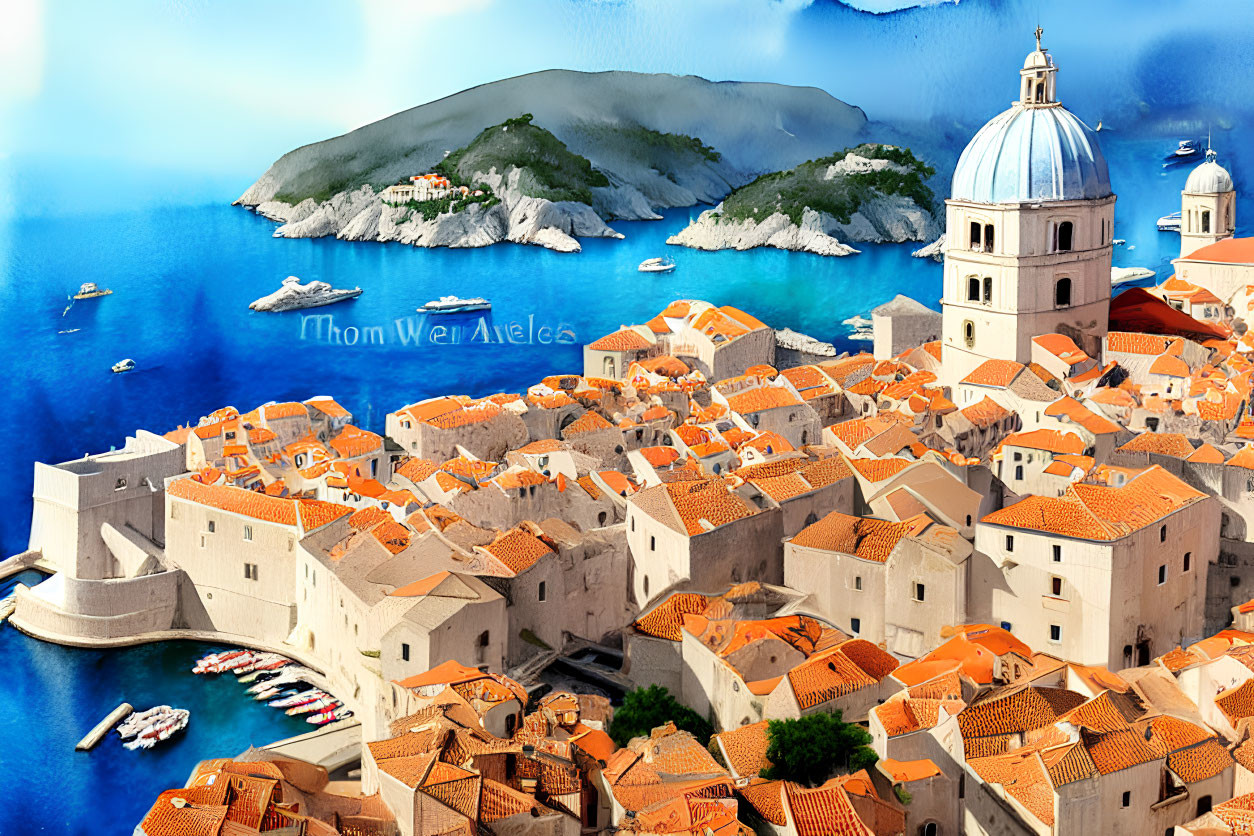 Picturesque coastal town with terracotta rooftops, dome, blue sea, boats, and island