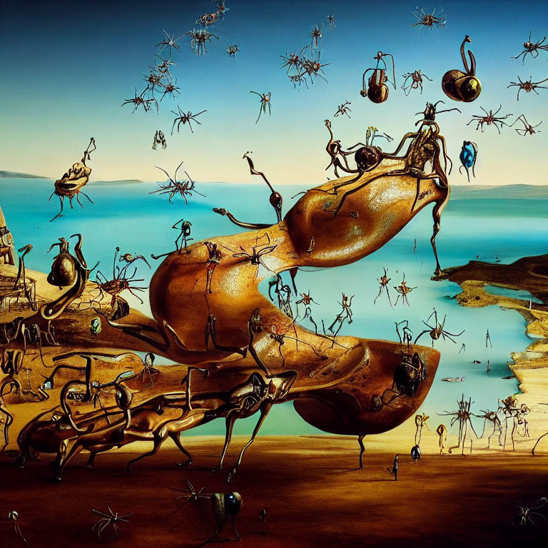 Surreal landscape featuring tree-like figures and spider-like creatures on blue backdrop