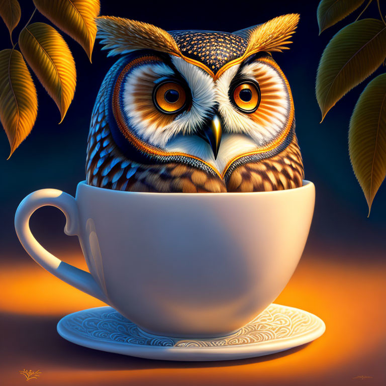 Intricate feathered owl in teacup with golden leaves on dark blue.