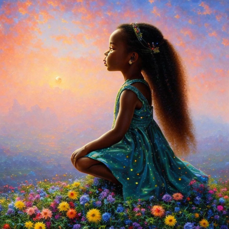 Young girl surrounded by vibrant wildflowers at sunset