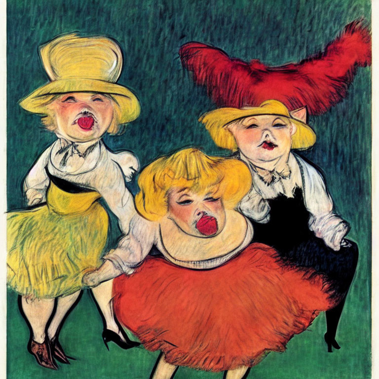 Colorful Caricature of Three Women Singing in Hats on Green Background