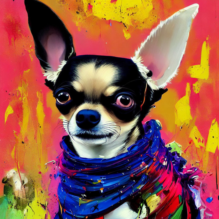 Vibrant Chihuahua portrait with scarf on colorful background