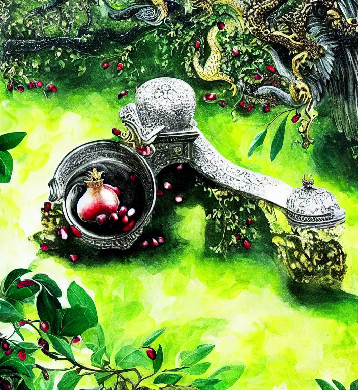 Colorful Artwork of Crowned Horn Instrument in Lush Setting