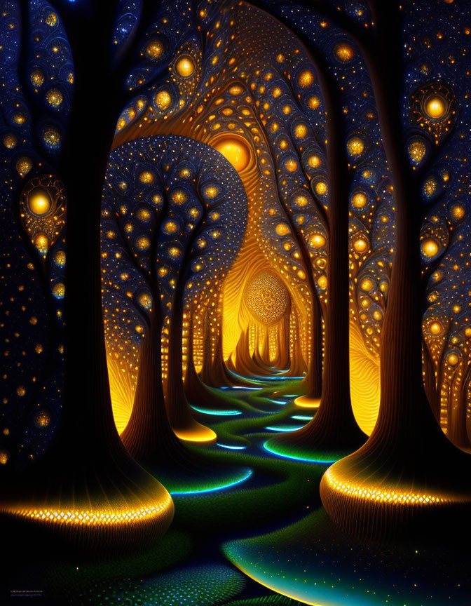 Enchanted forest digital artwork with glowing trees and mystical path