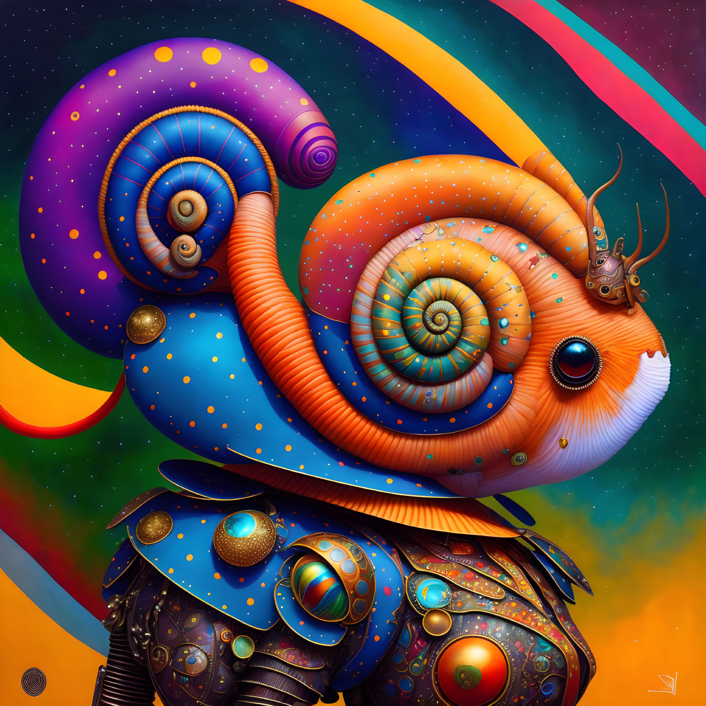 Colorful whimsical snail on patterned shell rides mechanical turtle in cosmic scene