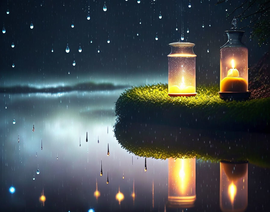 Lanterns with candles on grassy ledge under rainy sky
