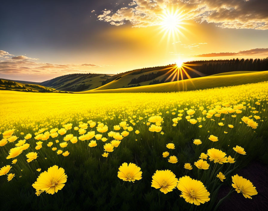 Scenic landscape with yellow flowers, green hills, and radiant sunset