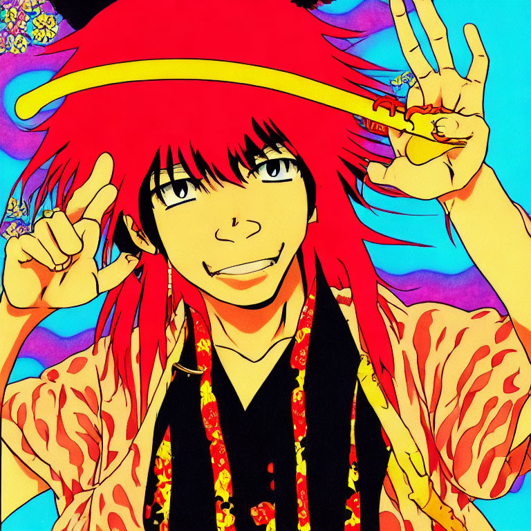 Red-Haired Animated Character Holding Peace Sign in Floral Background