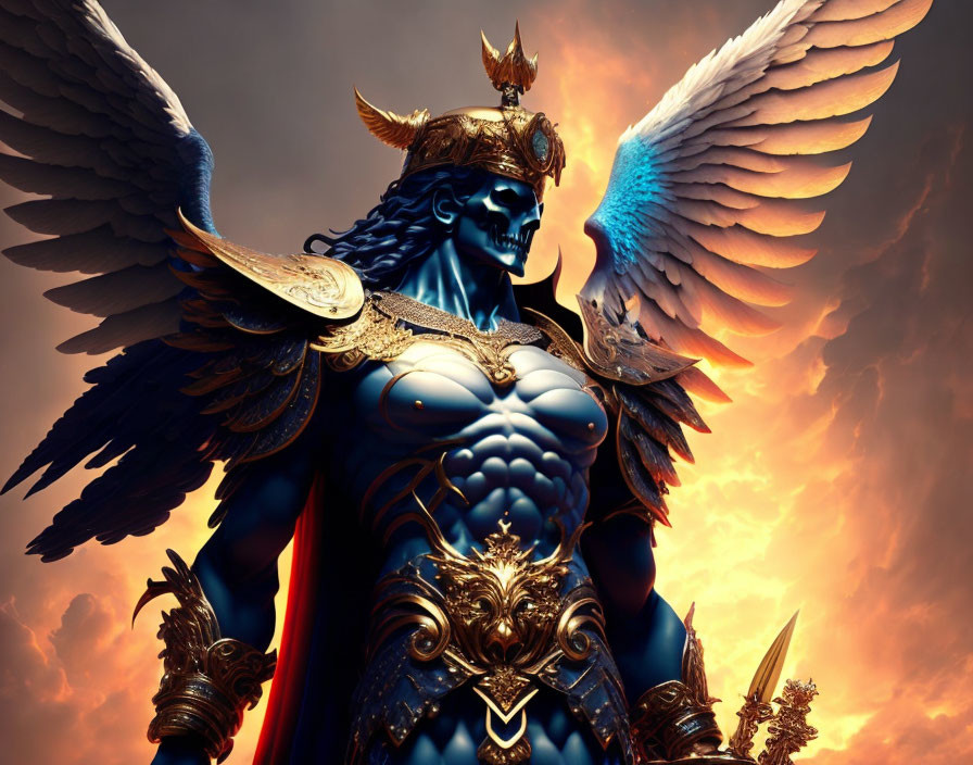 Blue-skinned winged warrior in golden armor under dramatic orange sky