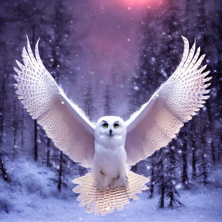 Snowy owl soaring with wide wings in twilight winter forest scene