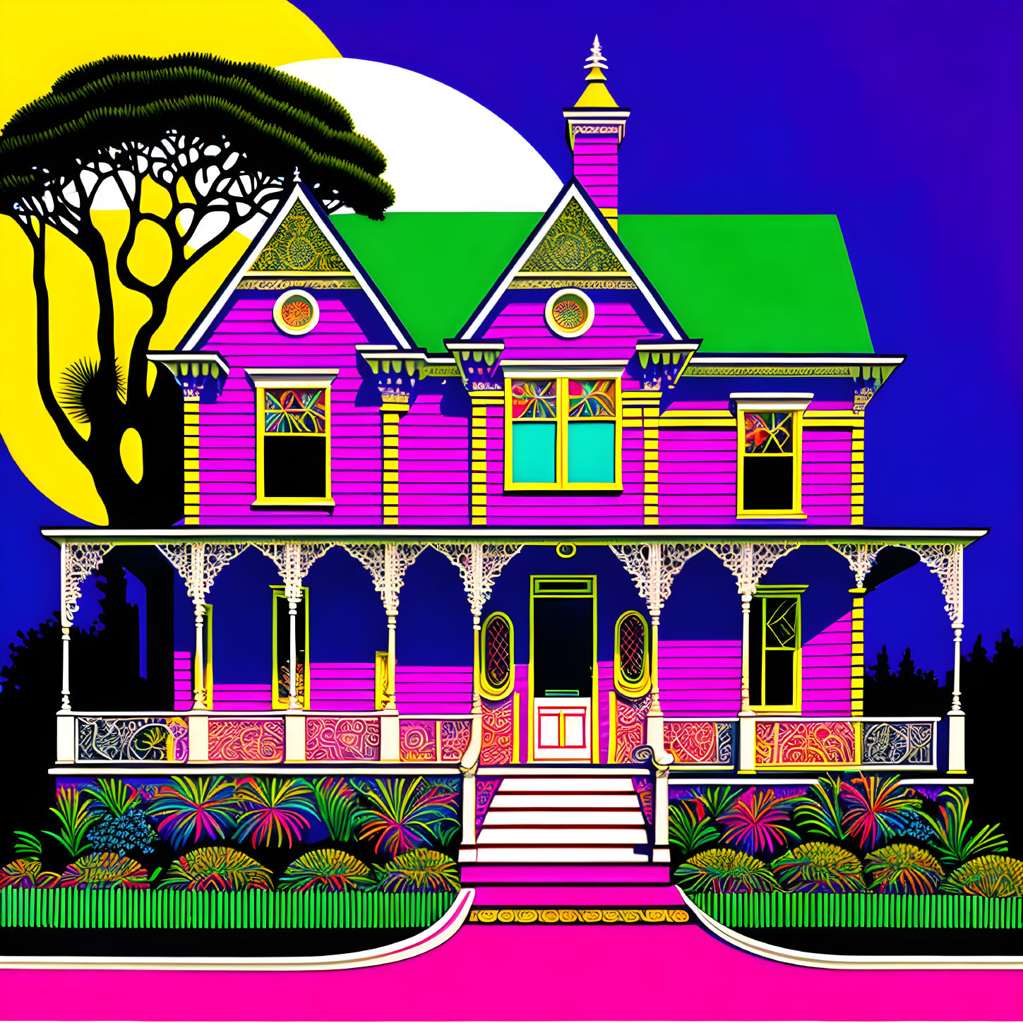 Victorian house with pink walls and green roof under purple sky