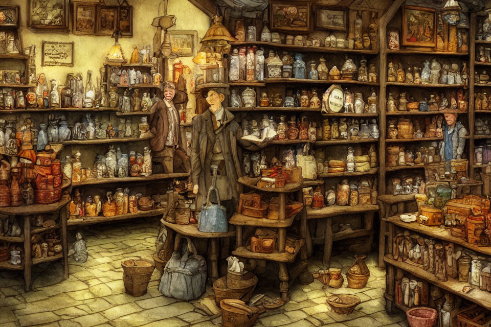 Detailed Illustration of Old-Time Apothecary Shop patrons exploring shelves filled with bottles and jars