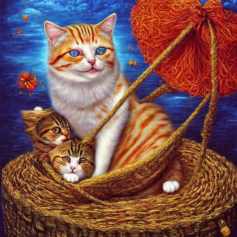Three cats in wicker basket on hot air balloon against blue sky