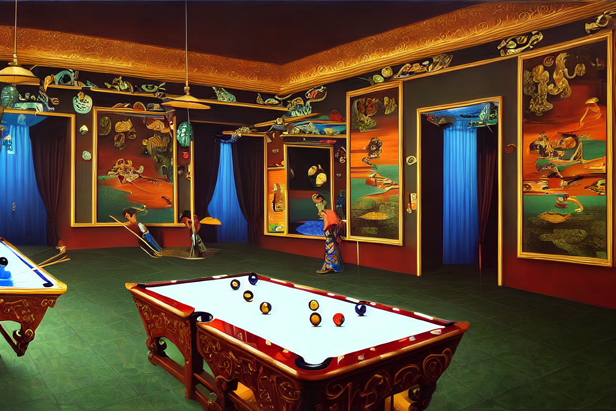 Ornate billiards room with floating objects and players
