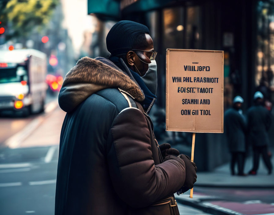 Person in Winter Coat Holding Jumbled Sign on Busy Street