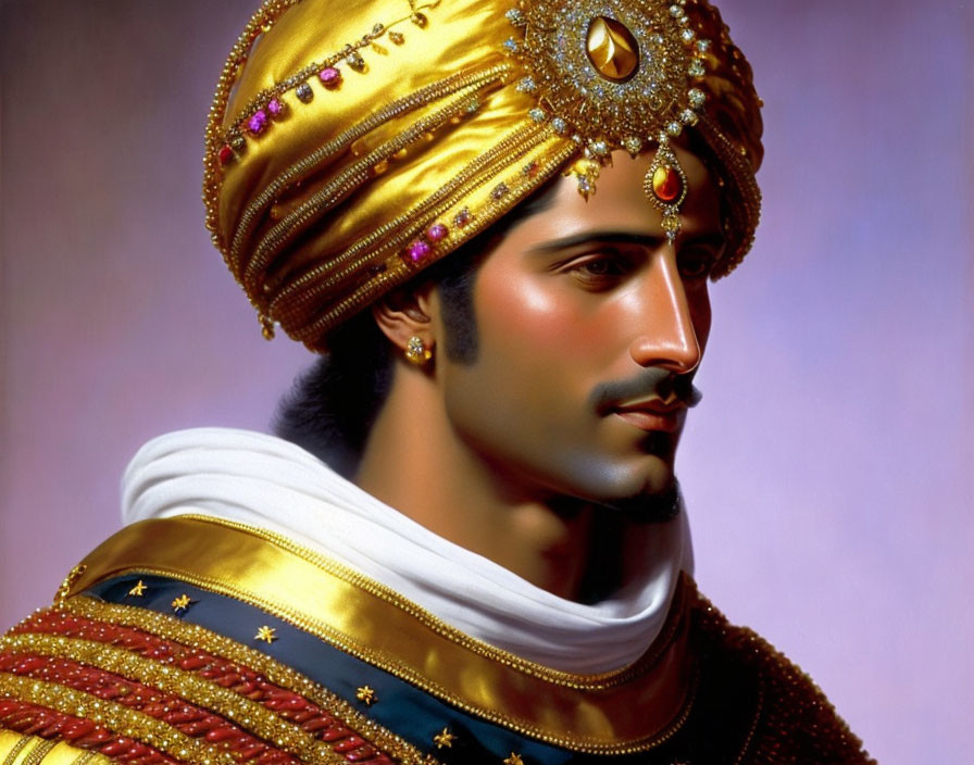 Portrait of majestic man in royal attire with jeweled turban and gold garments