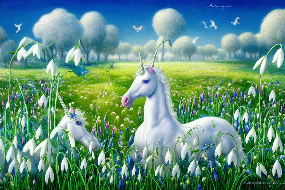Illustration of white unicorns in vibrant flower field and serene sky