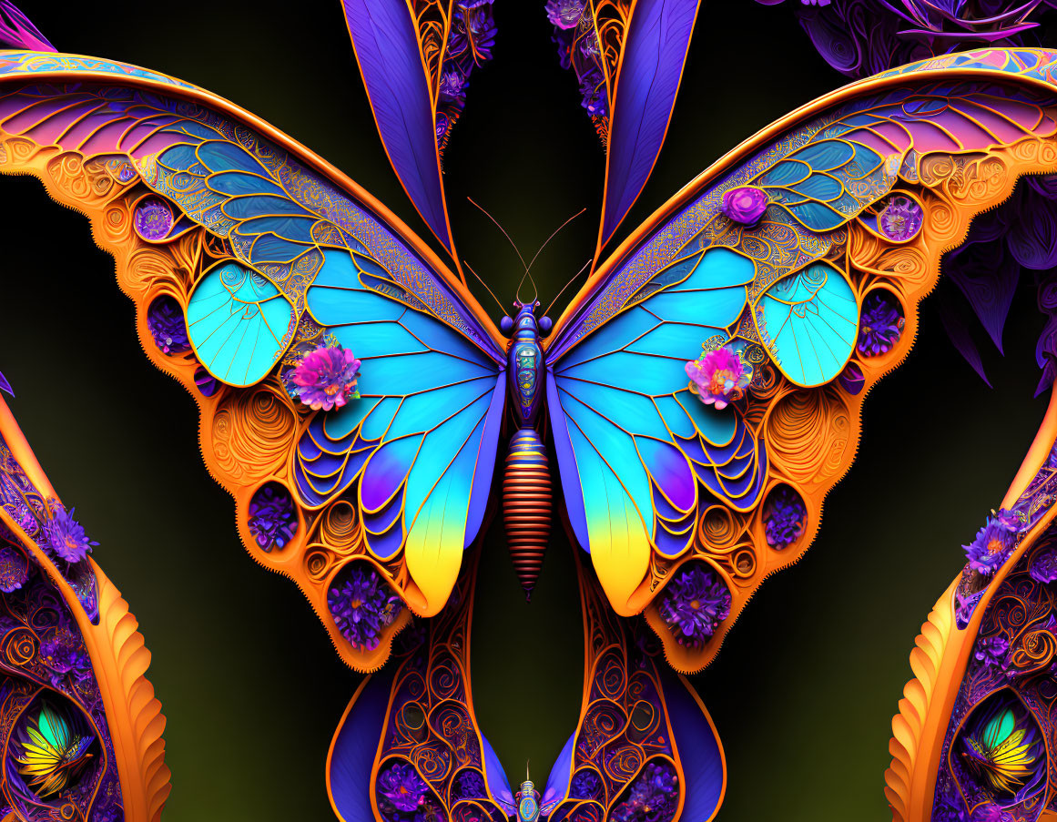 Colorful Stylized Butterfly Artwork with Vibrant Blue, Orange, and Purple Patterns
