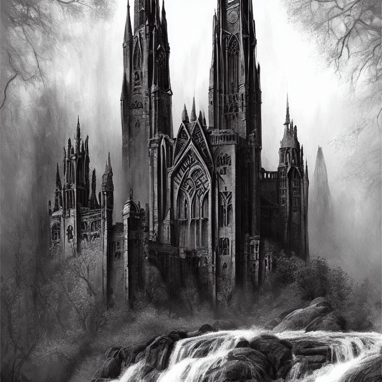 Monochrome gothic castle in misty forest landscape
