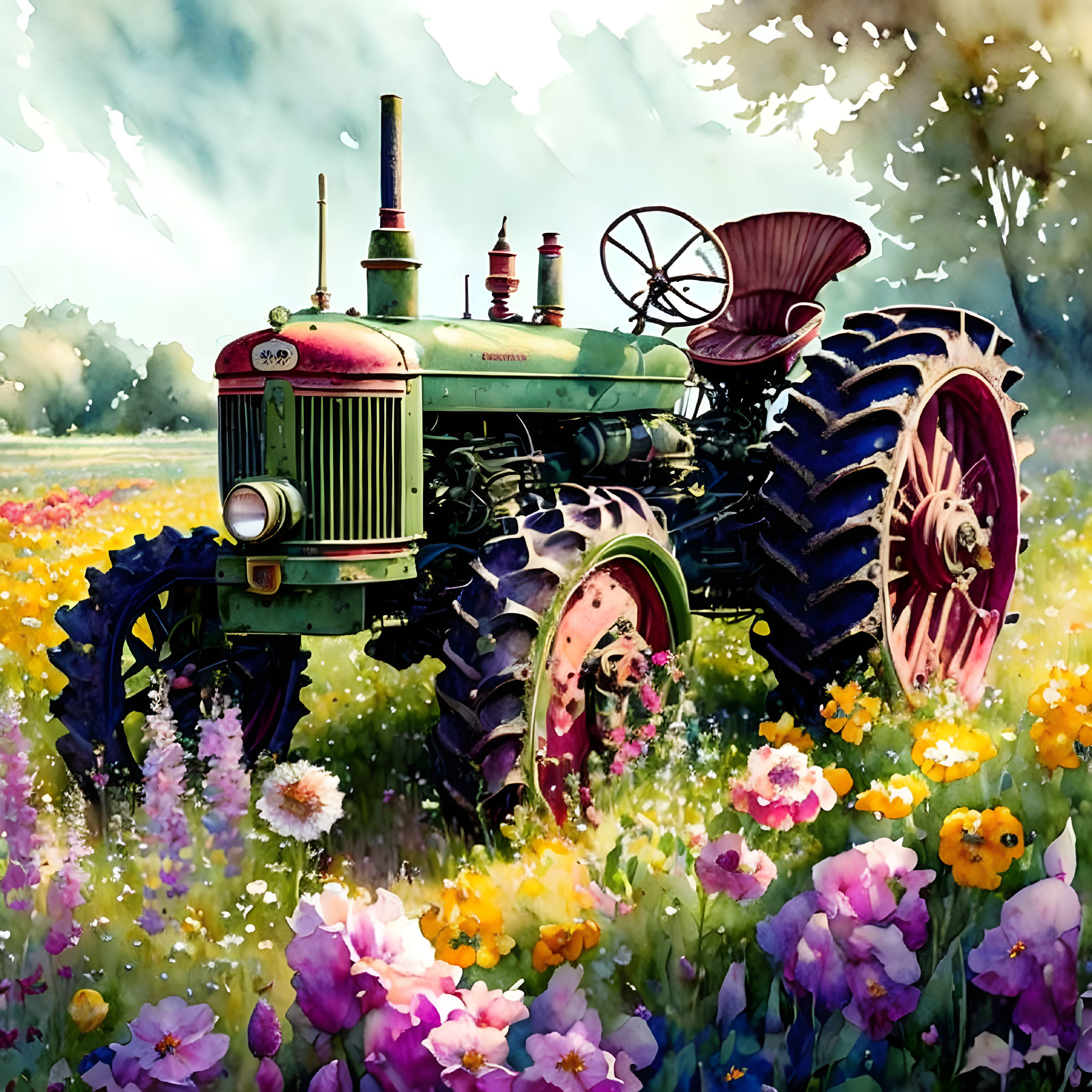 Vintage green tractor in colorful flower field under sunny sky