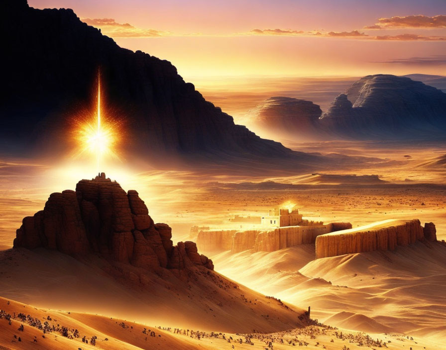 Desert sunrise with sand dunes, rocks, and ancient structures