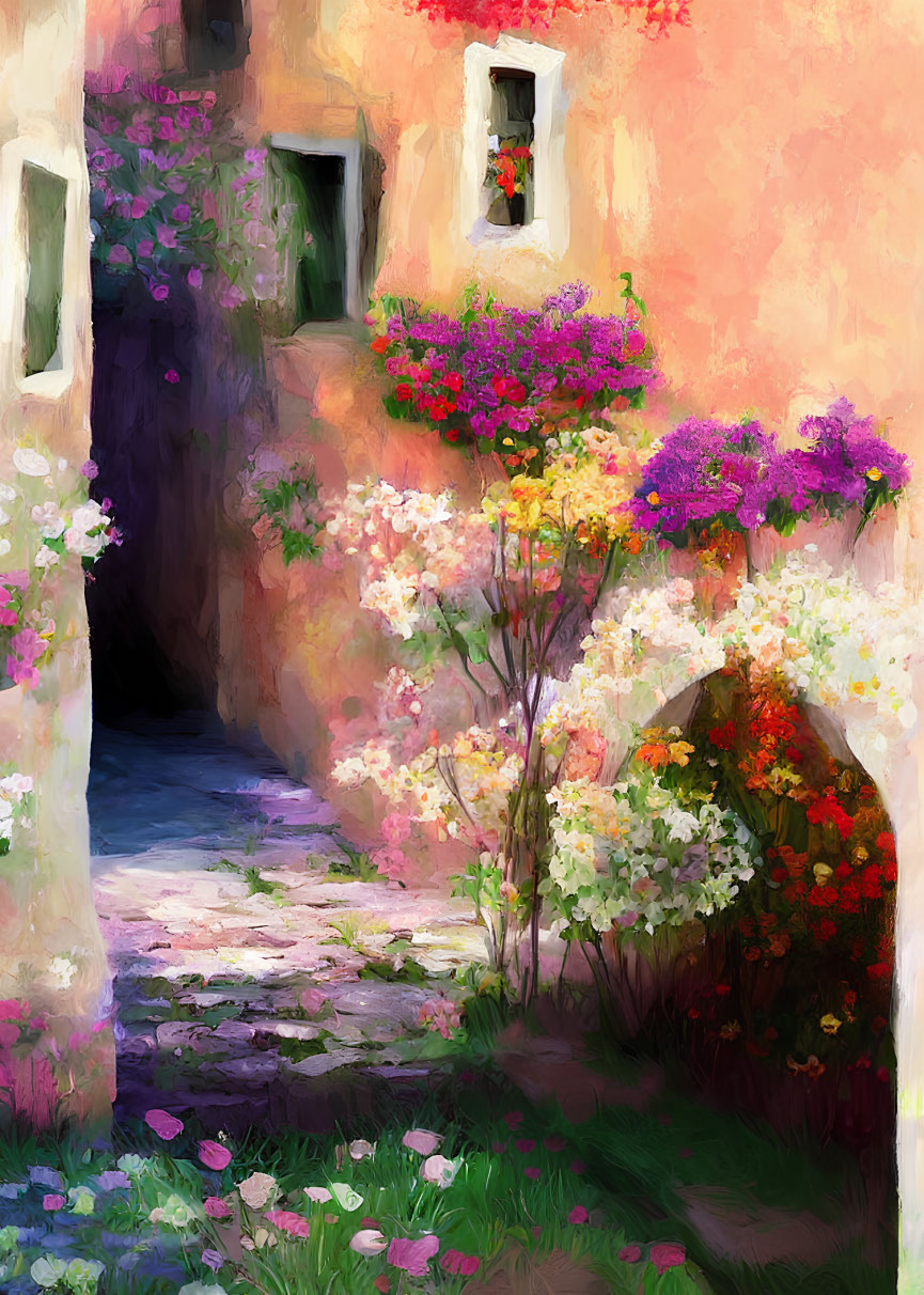 Colorful Painting of Blooming Flower Alley on Orange-Pink Wall