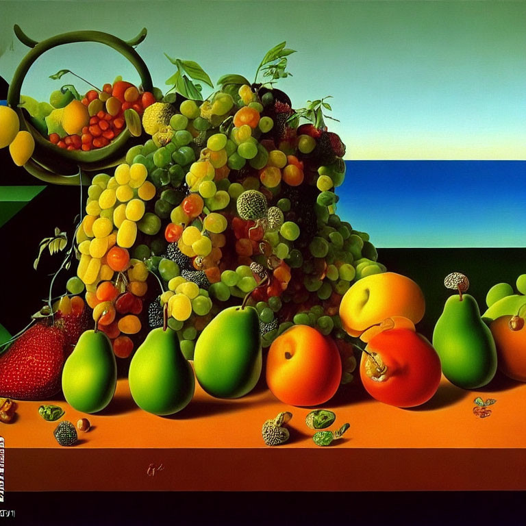Vibrant surreal painting: oversized fruits with seascape