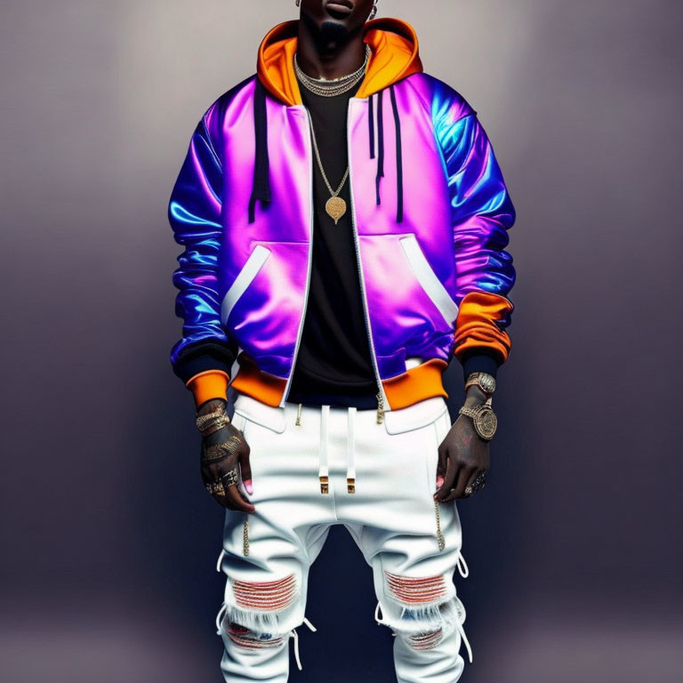 Colorful Outfit with Vibrant Purple and Orange Jacket