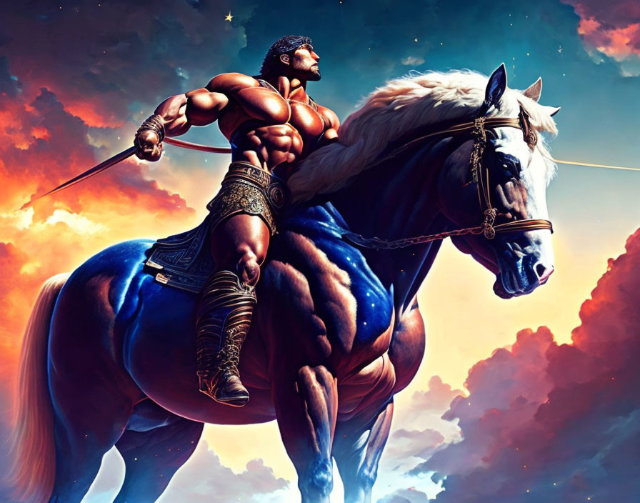 Muscular warrior on white horse under dramatic sky