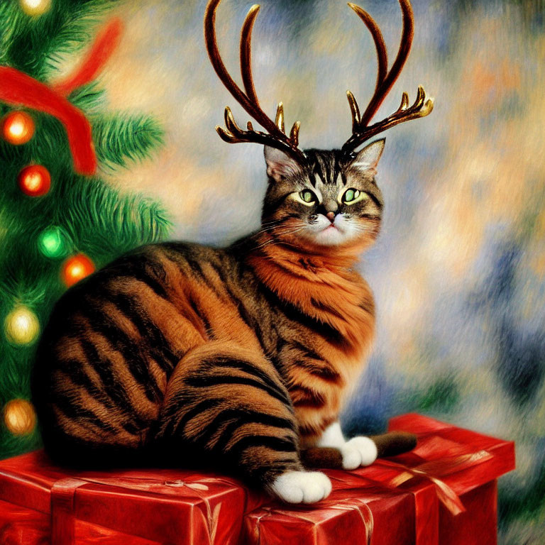 Tabby Cat with Antlers on Red Gift Box Near Christmas Tree