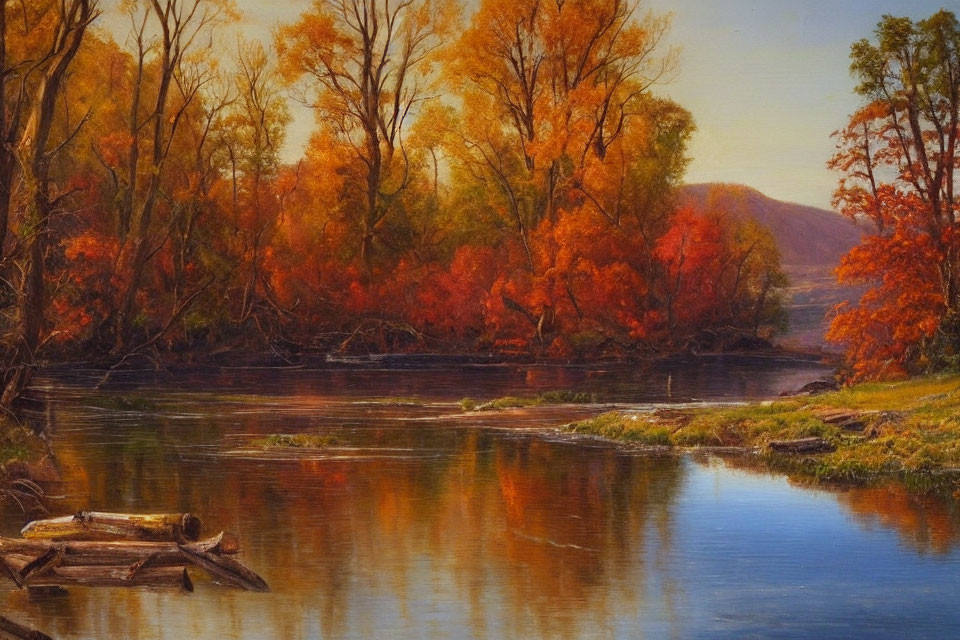 Vibrant Autumn Foliage by Calm River with Log Pile & Hills