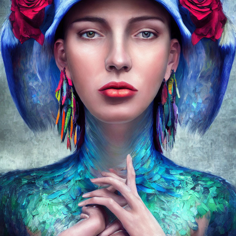 Woman portrait with blue floral headwear, feather-like neck adornment, and tassel earrings.