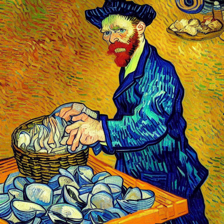 Post-Impressionist painting of bearded man selecting bread on vibrant yellow swirl background