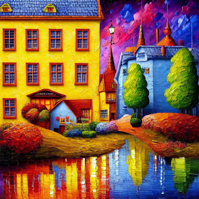 Colorful painting of whimsical village with vibrant houses, trees, and reflective river under textured sky