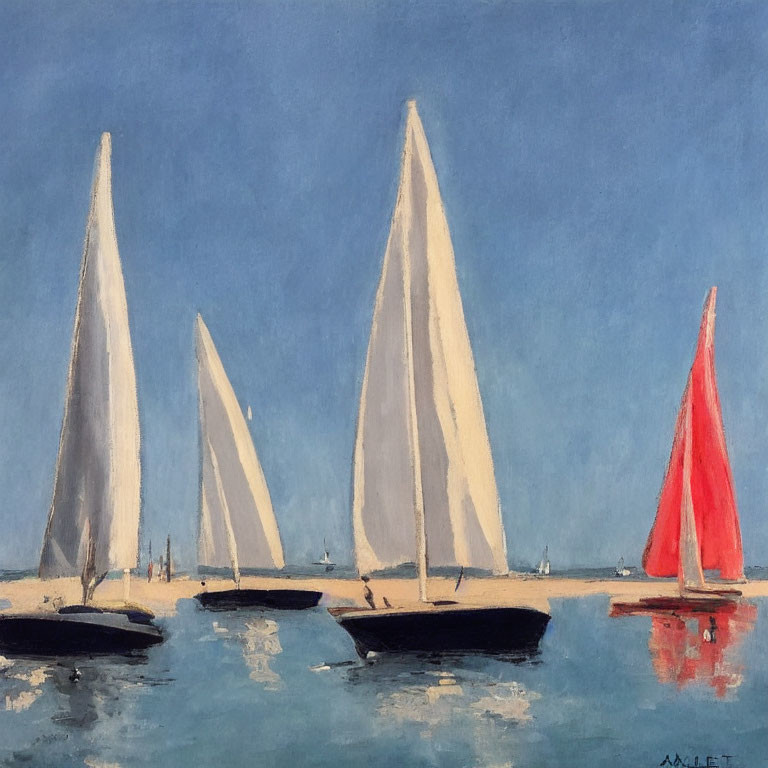 Impressionist painting of sailboats on calm blue sea