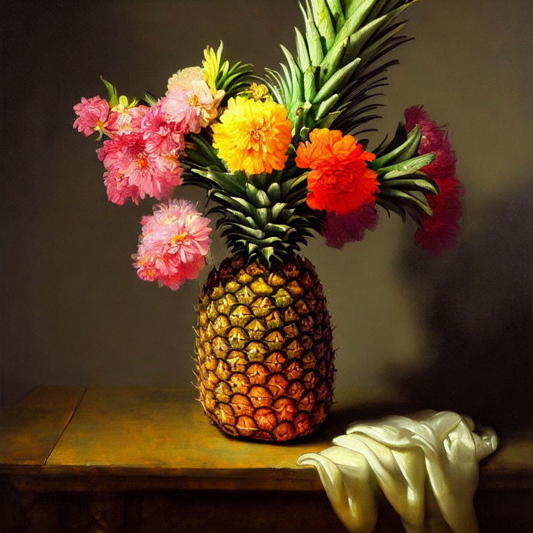 Colorful Still-Life Painting of Pineapple and Flowers on Wooden Table