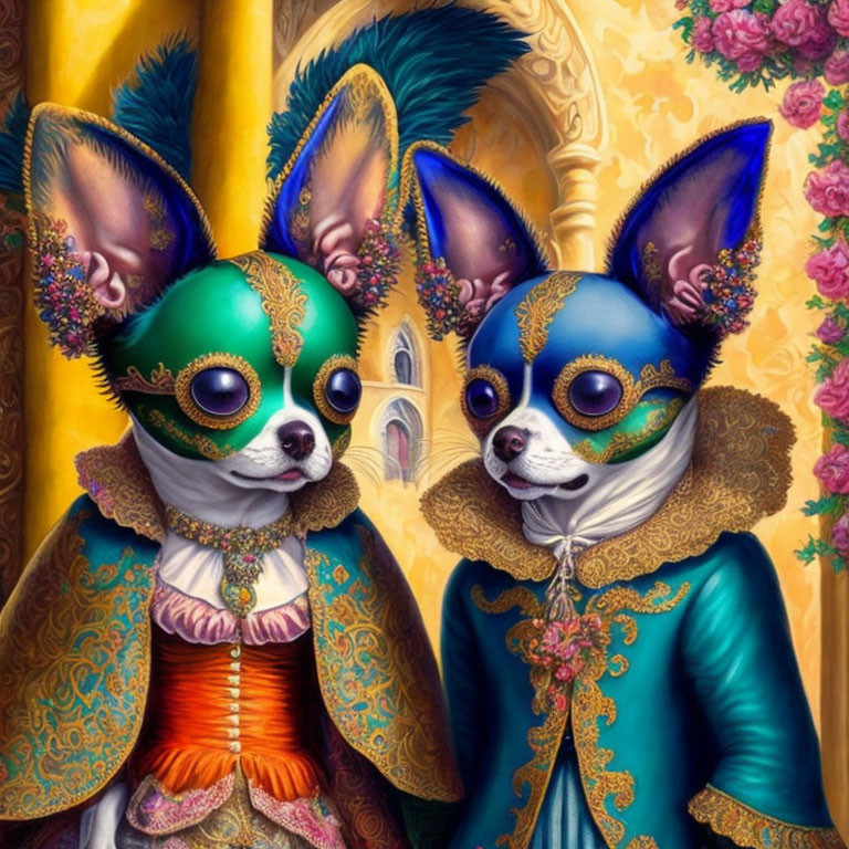 Anthropomorphic chihuahuas in Venetian carnival attire