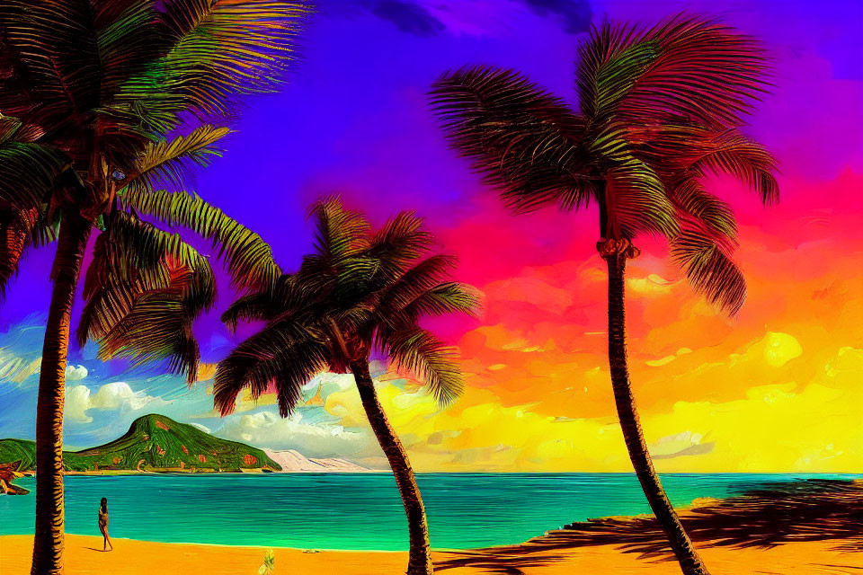 Colorful tropical beach scene with palm trees, sunset sky, mountain, and figure by water.