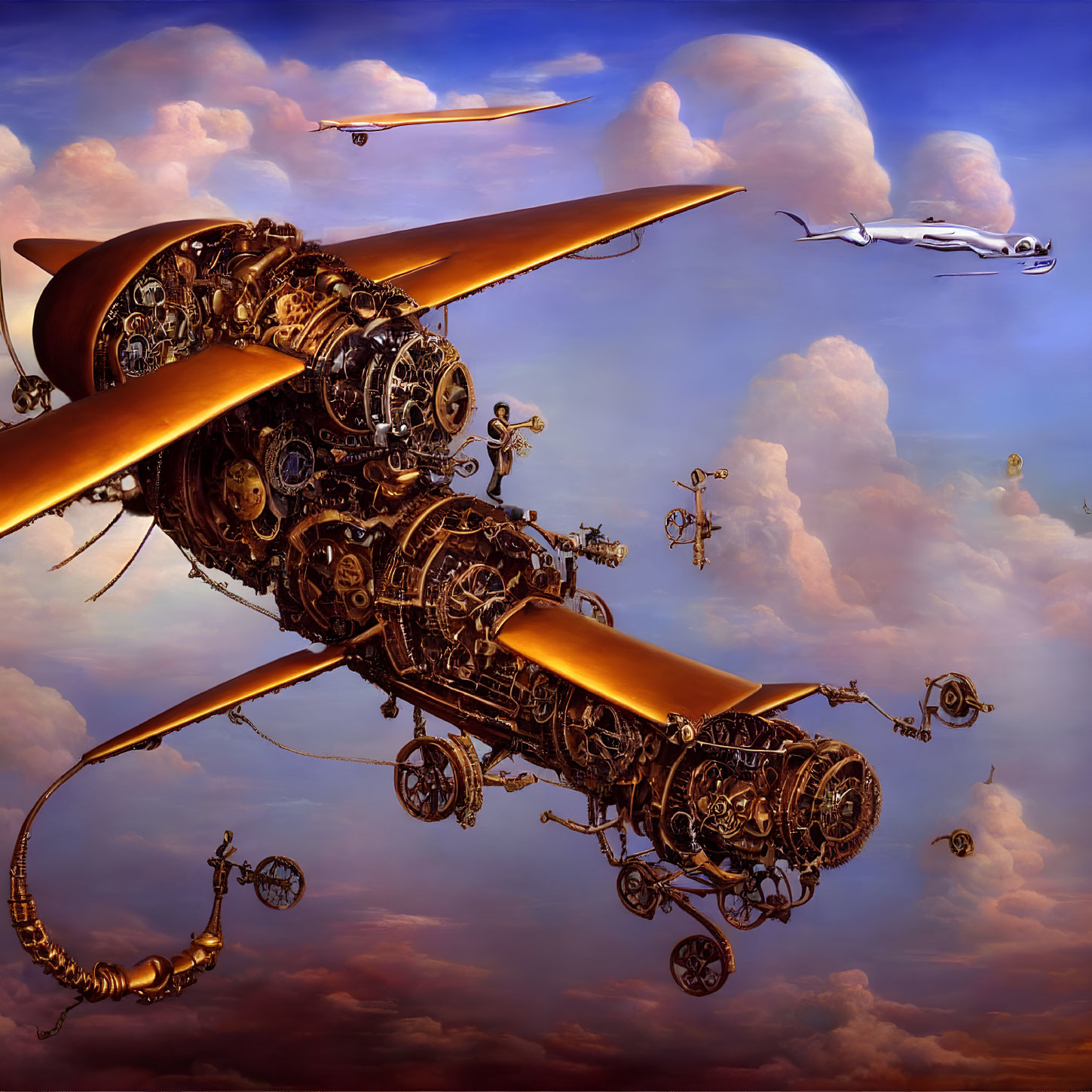 Steampunk-style flying machine among whimsical airborne contraptions in vibrant sky