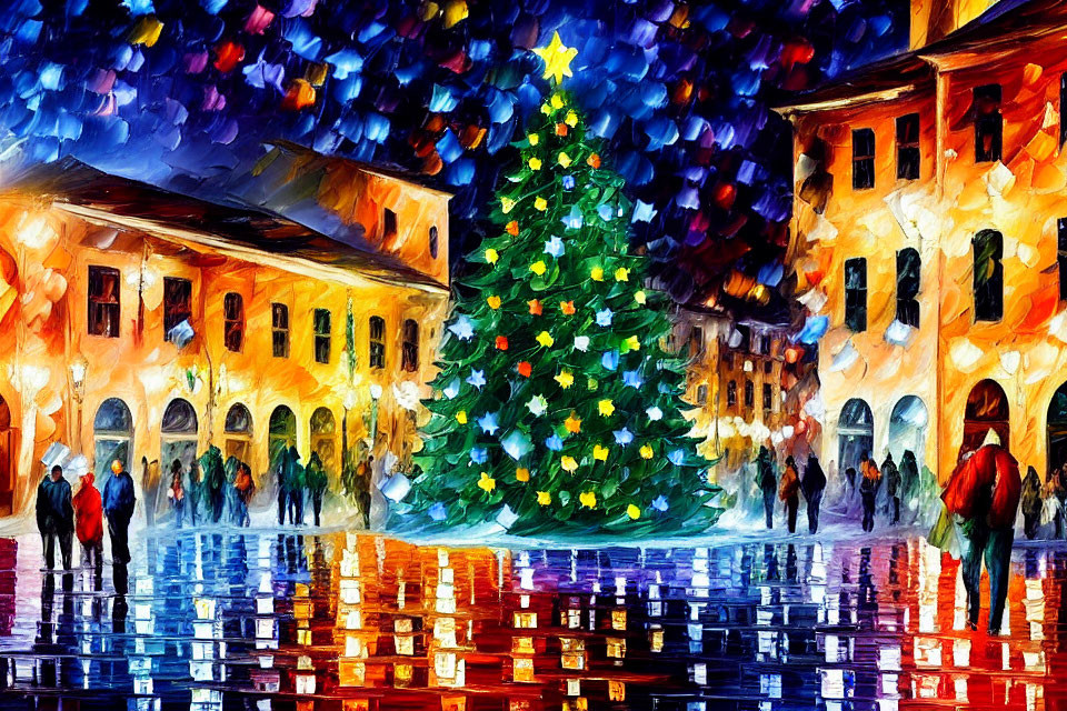 Impressionistic painting of a festive town square at night
