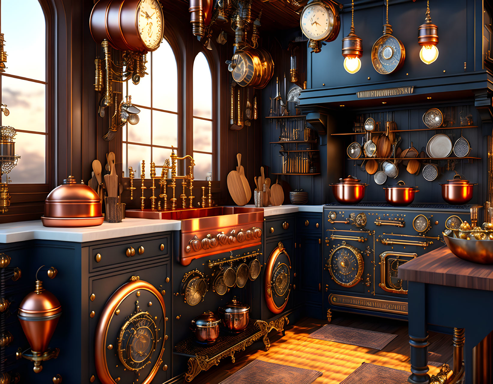 Luxurious steampunk-style kitchen with copper utensils and vintage clocks