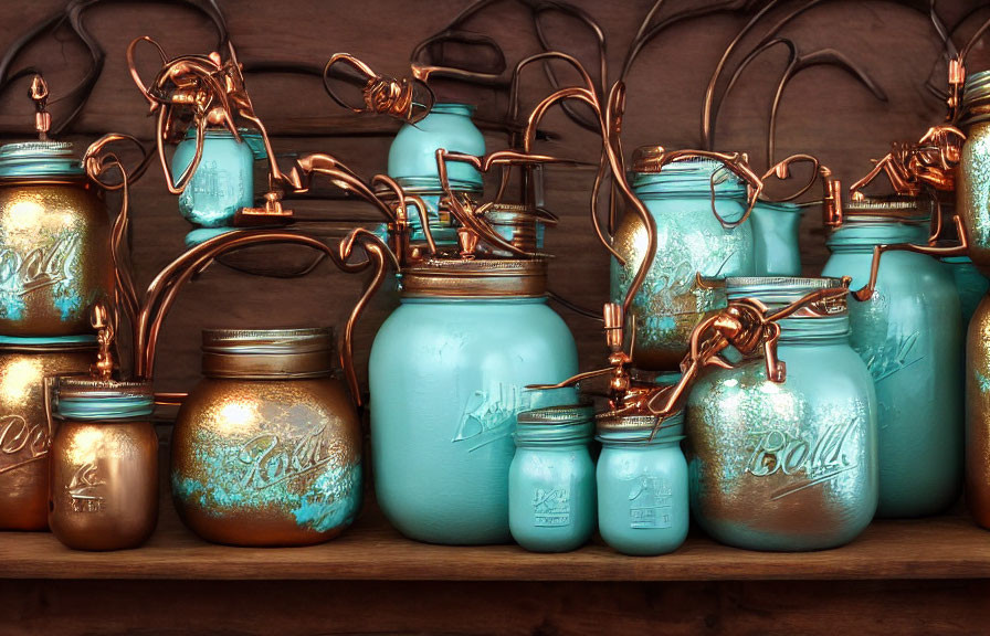 Turquoise Mason Jars with Copper Accents on Wooden Shelves