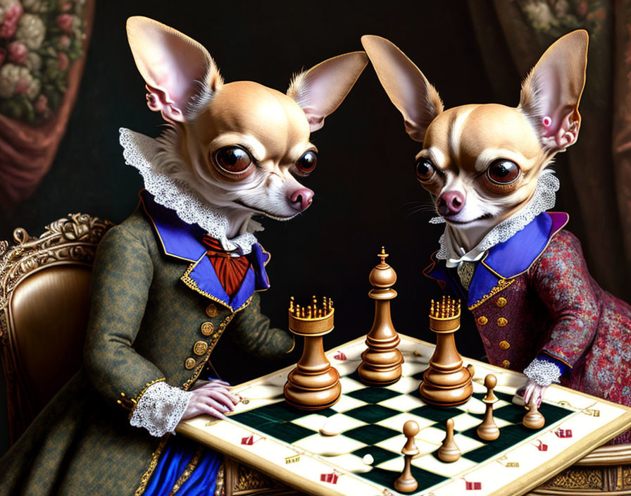 Anthropomorphic chihuahuas in regal attire playing chess