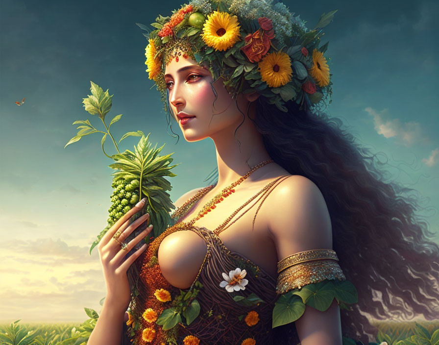 Digital Artwork of Woman with Flower Crown and Plant on Serene Sky Background