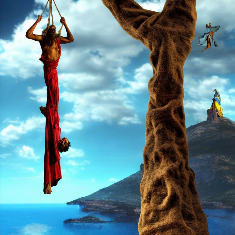 Surreal image: person hangs from giraffe over sea & sky