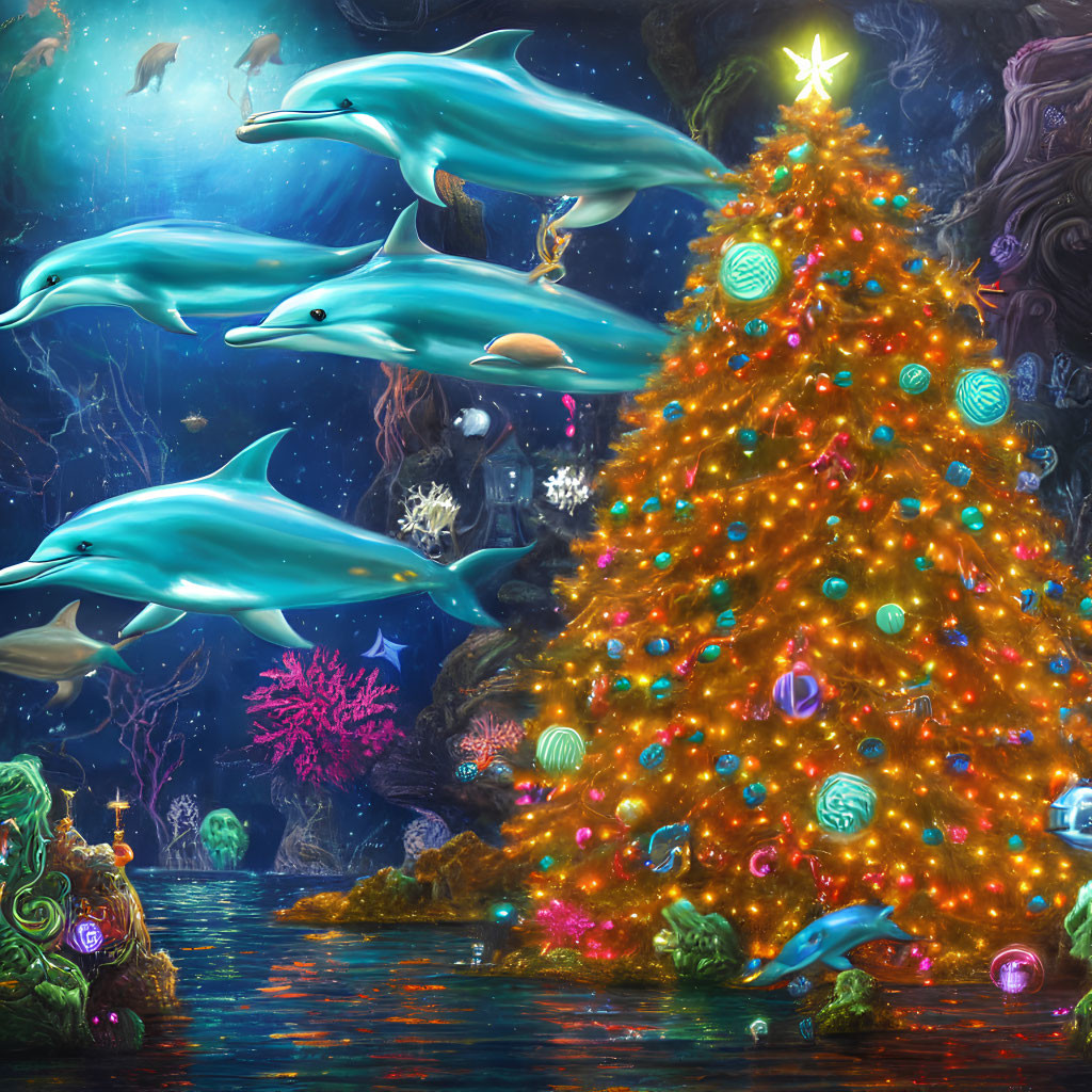 Dolphins Swimming Around Lit Christmas Tree Underwater