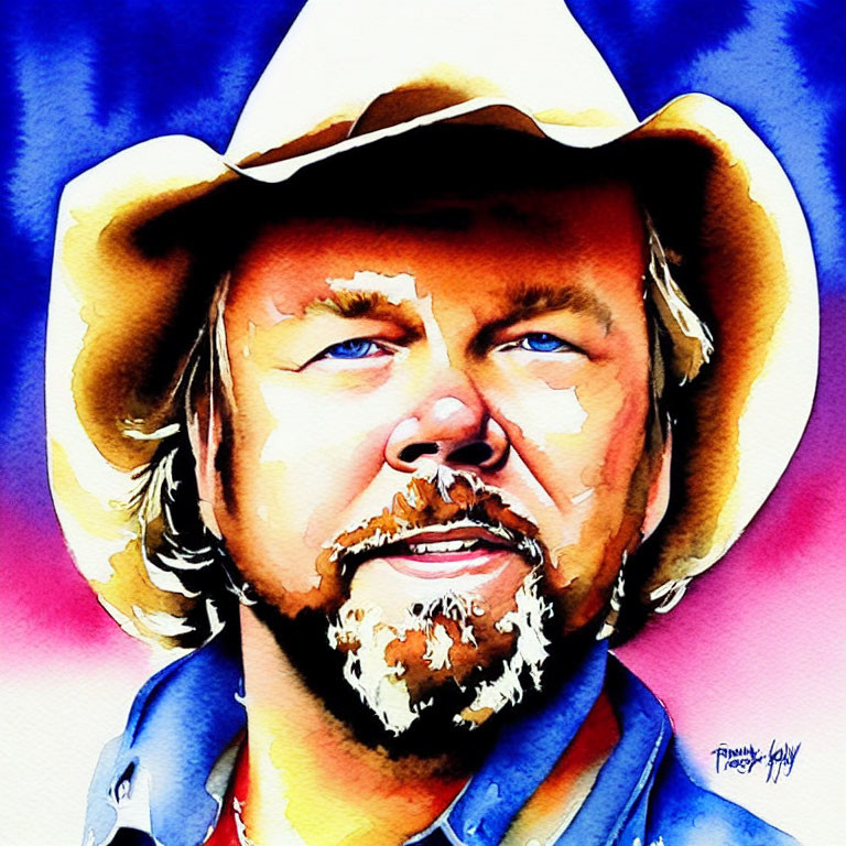Colorful watercolor portrait of man with salt-and-pepper beard and cowboy hat.