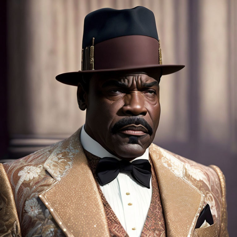 Elegant man in ornate gold suit, bow tie, and top hat symbolizing authority.